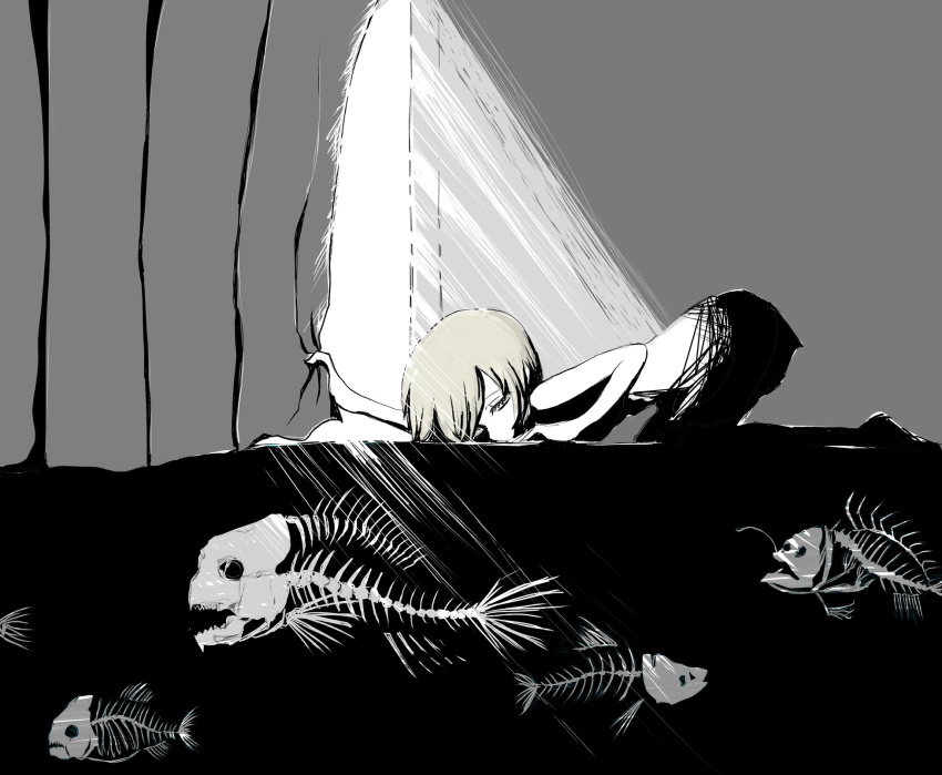 1girl, anglerfish, bone, crawling, curtains, dress, fish, greyscale