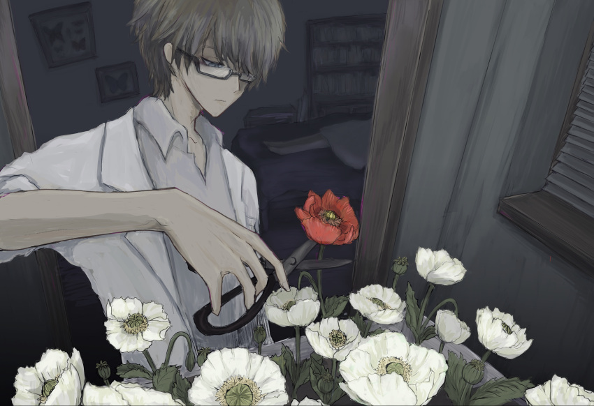 1boy, absurdres, bed, black-framed_eyewear, blinds, blue_eyes, bookshelf, brown_hair