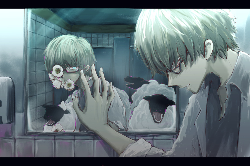 1boy, absurdres, bathroom, blue_eyes, different_reflection, glasses, hair_over_eyes, halnaga_oyogu