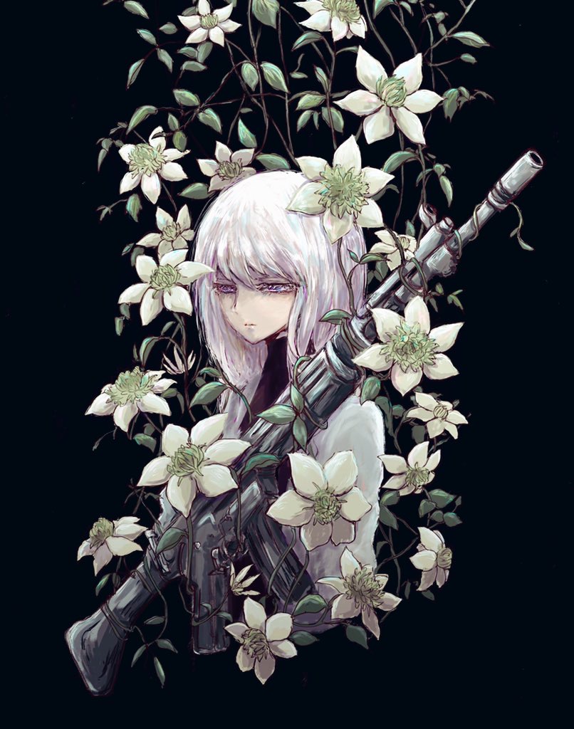 ambiguous_gender, black_background, gun, halnaga_oyogu, labcoat, long_hair, original, portrait