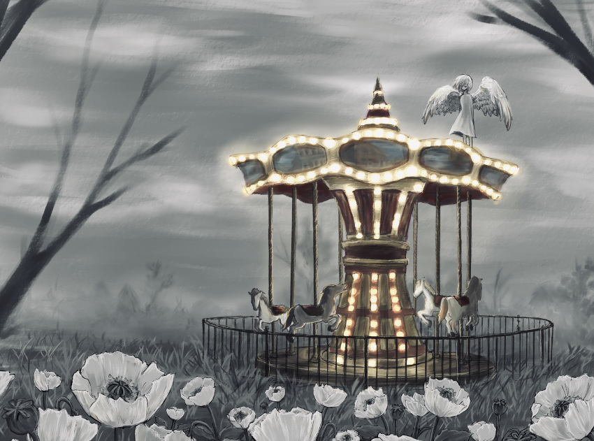 1girl, absurdres, angel, angel_wings, bare_tree, carousel, dress, field, flower, flower_field, fog, grey_dress, grey_sky, grey_theme, halnaga_oyogu, highres, original, outdoors, scenery, silver_hair, solo, spot_color, standing, tree, white_wings, wings