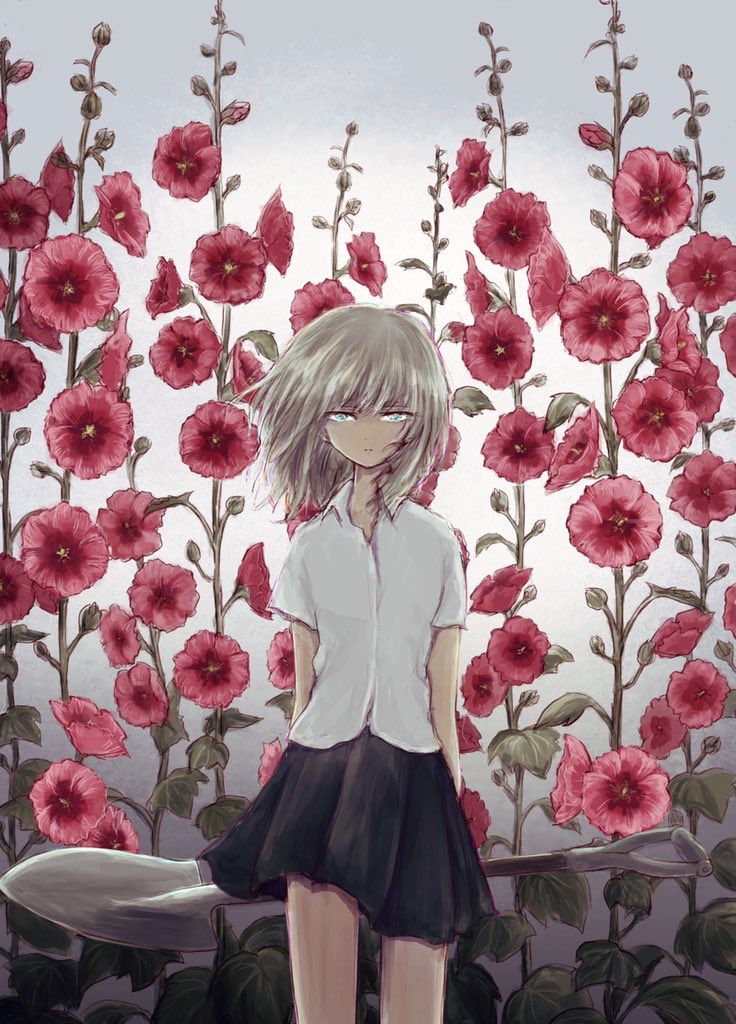 1girl, arms_behind_back, black_skirt, blue_eyes, flower, halnaga_oyogu, holding, holding_shovel