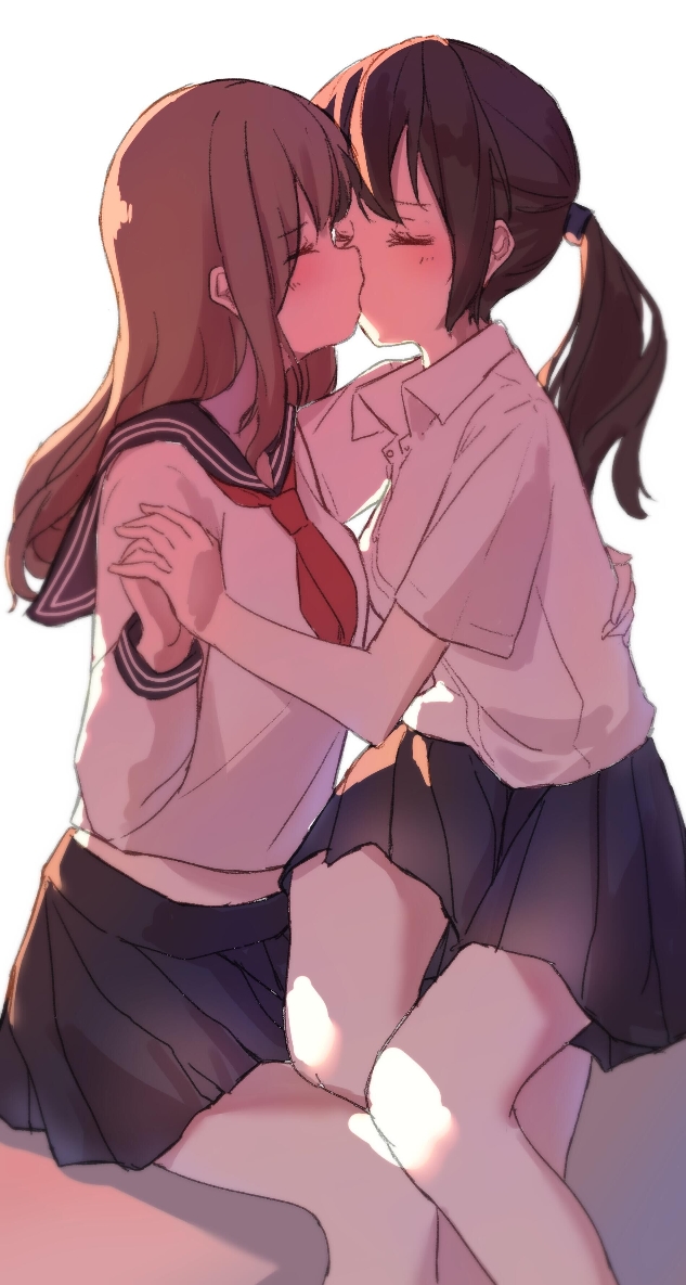 2girls, black_hair, black_skirt, brown_hair, closed_eyes, cv-3_(dejiajia), facing_another, holding_hands, interlocked_fingers, kiss, long_hair, long_sleeves, multiple_girls, ponytail, red_neckwear, school_uniform, serafuku, shirt, short_sleeves, simple_background, sitting, sitting_on_lap, sitting_on_person, skirt, white_background, white_shirt, yuri