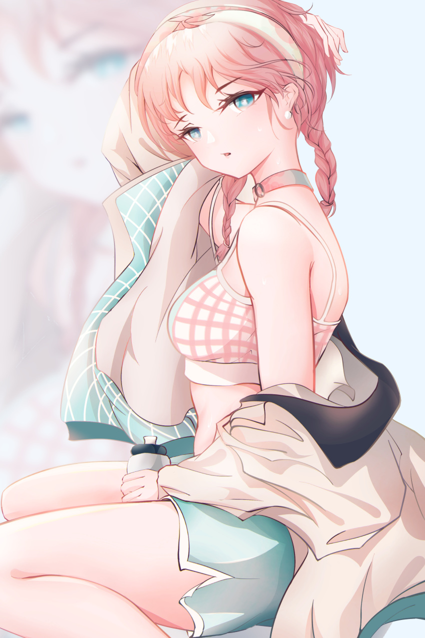 1girl, absurdres, arknights, bangs, bare_shoulders, blue_background, blue_eyes, blue_poison_(arknights), blue_poison_(shoal_beat)_(arknights), blue_shorts, braid, breasts, camisole, choker, crop_top, earrings, hairband, head_tilt, highres, jacket, jewelry, long_hair, looking_at_viewer, medium_breasts, midriff, off_shoulder, parted_lips, pink_choker, pink_hair, shorts, sitting, solo, spaghetti_strap, sports_bra, thighs, twin_braids, white_jacket, wuke_euco, zoom_layer
