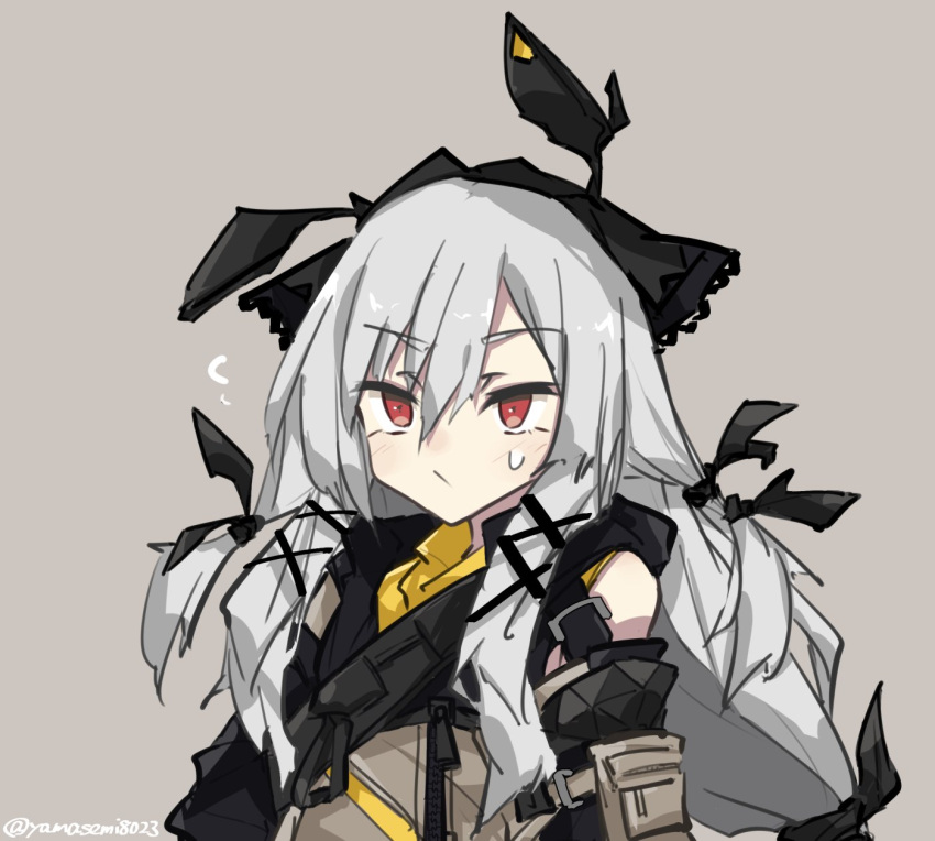 1girl, ^^^, arknights, bangs, bare_shoulders, black_ribbon, closed_mouth, commentary