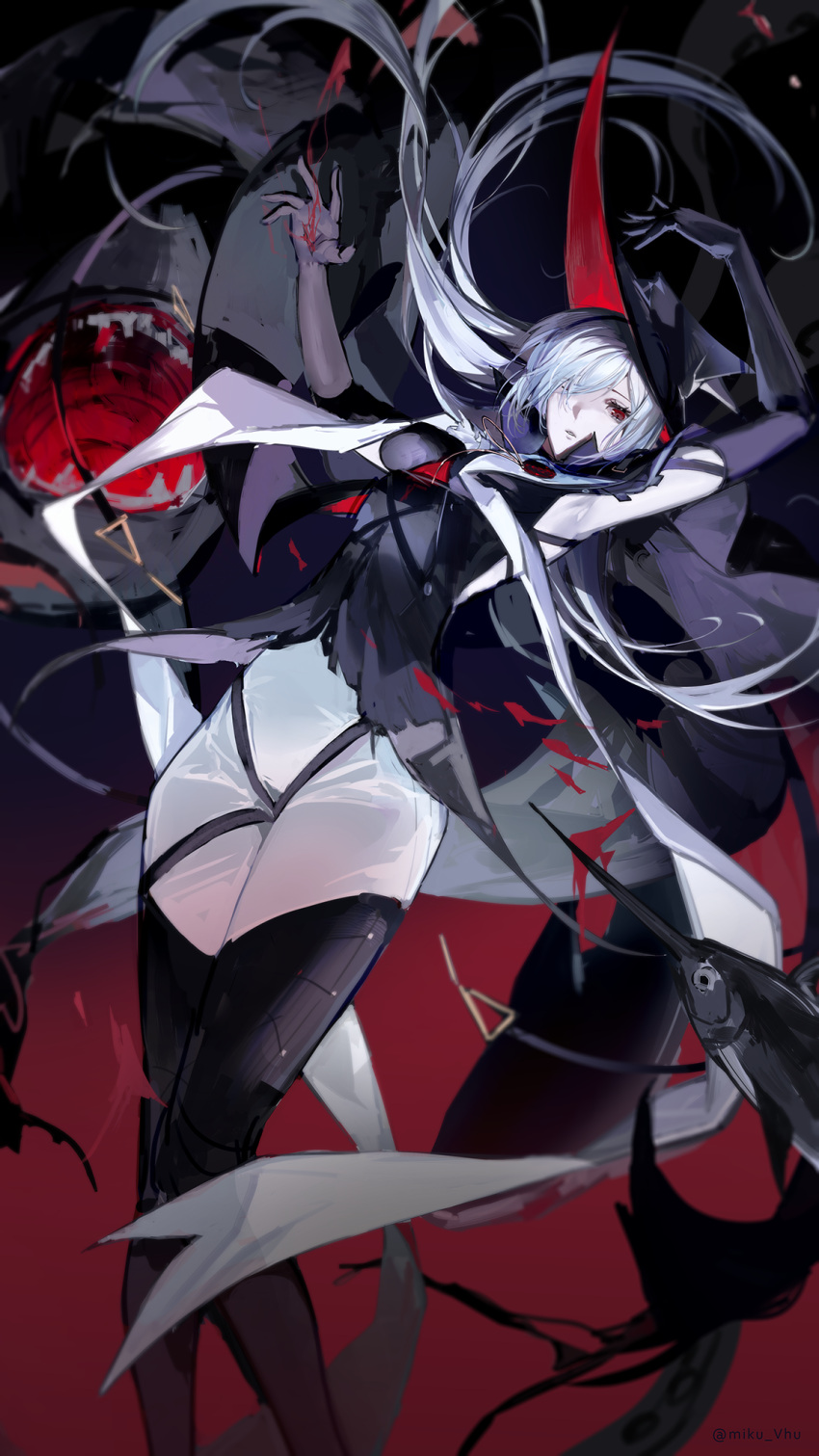 1girl, arknights, armpits, ascot, bare_shoulders, black_coat, black_dress, black_gloves