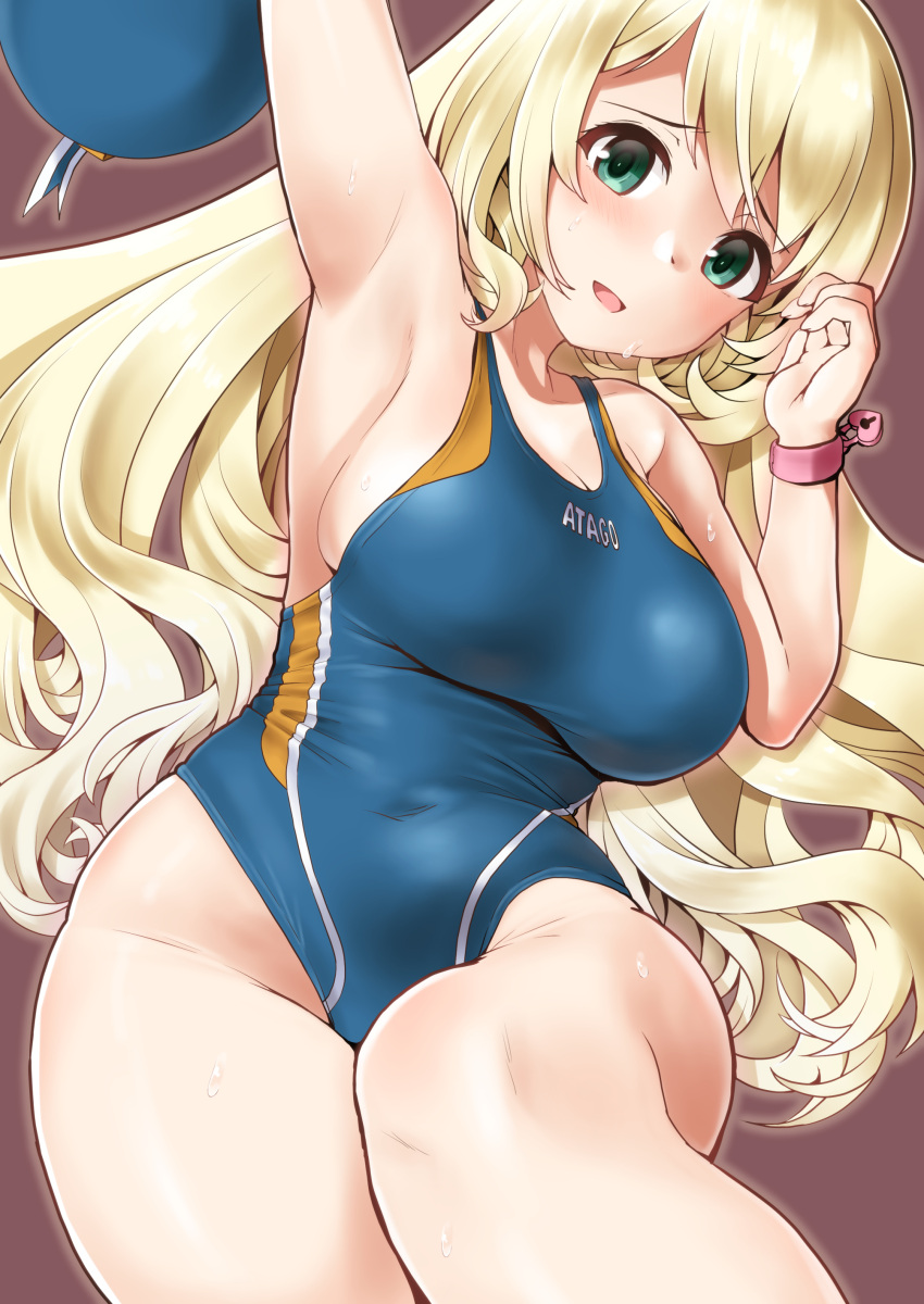 1girl, absurdres, alternate_costume, arm_up, armpits, atago_(kancolle), bare_arms, bare_legs