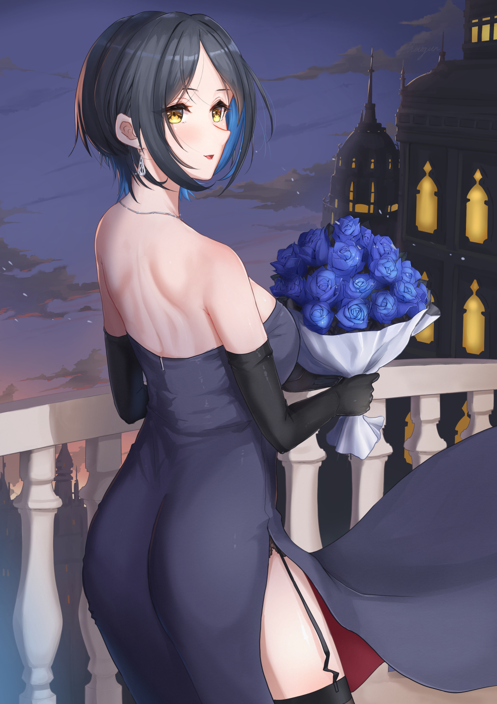 1girl, balcony, bangs, bare_shoulders, black_dress, black_gloves, black_hair, black_legwear
