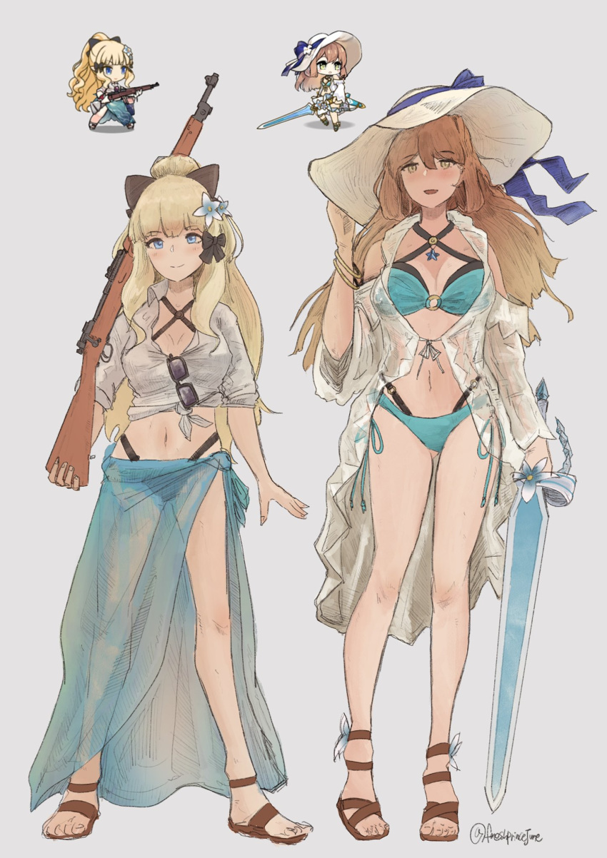 bangs, bikini, black_bow, blonde_hair, blue_eyes, blush, bow, breasts