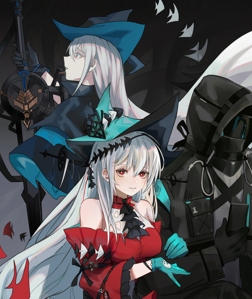 1other, 2girls, absurdres, arknights, bangs, bare_shoulders, black_gloves, black_headwear