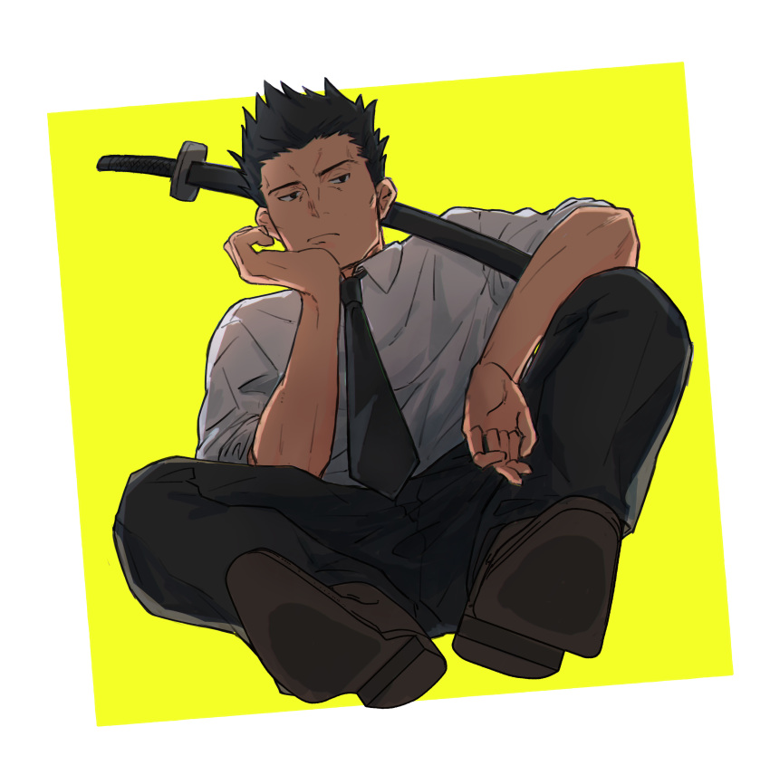1boy, absurdres, black_eyes, black_hair, black_neckwear, black_pants, brown_footwear, from_below
