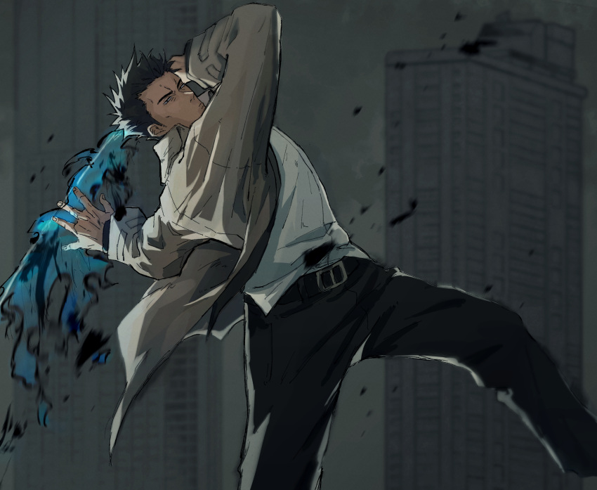 1boy, belt, black_hair, black_pants, fighting_stance, flaming_sword, flaming_weapon, grey_background