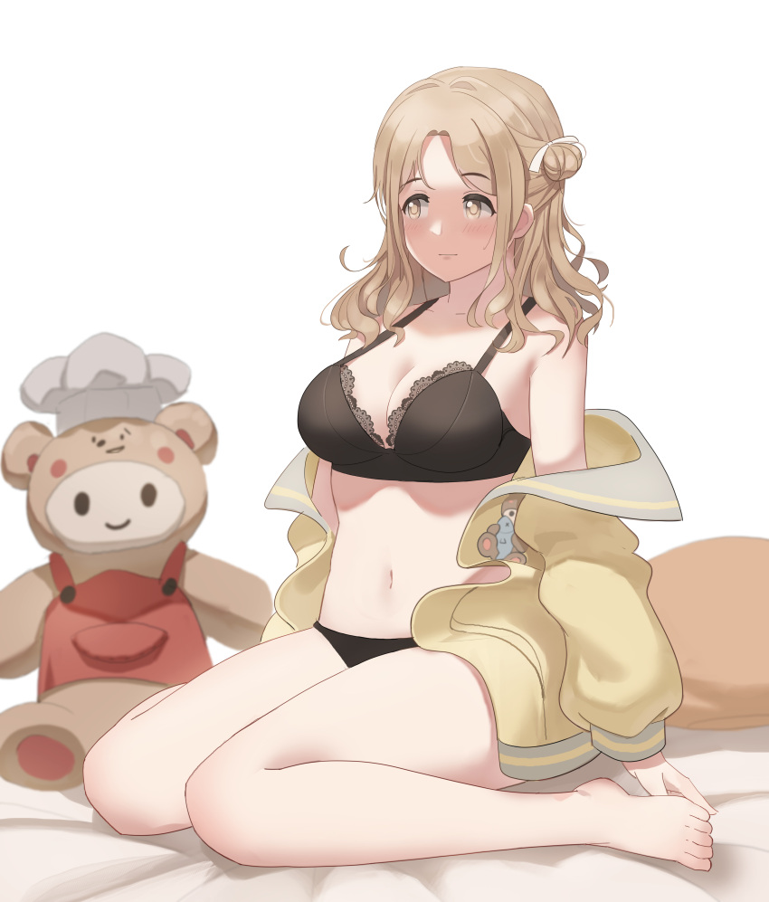 1girl, absurdres, barefoot, black_bra, black_panties, blush, bra, brown_eyes