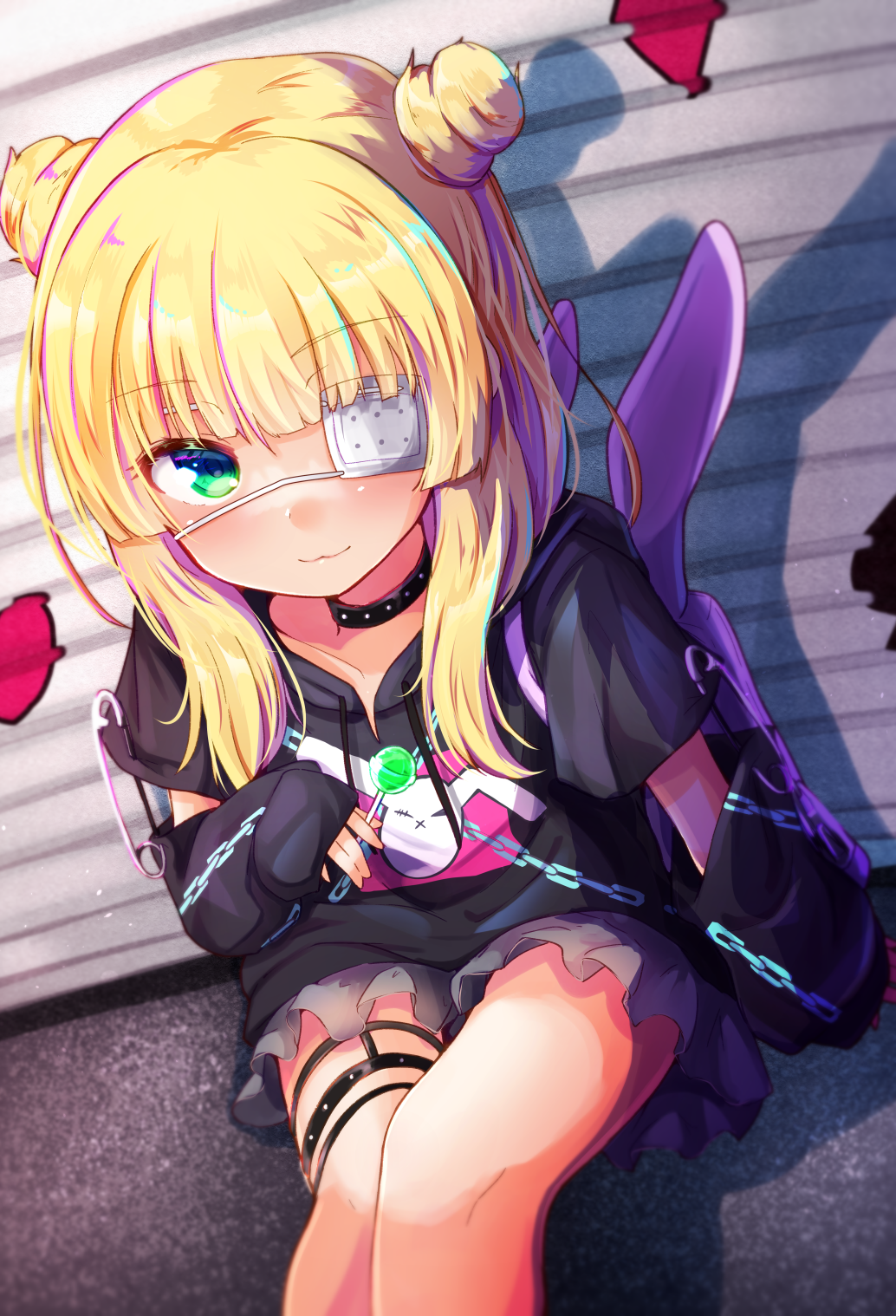 1girl, animal_bag, backpack, bag, baram, black_choker, black_hoodie, blonde_hair