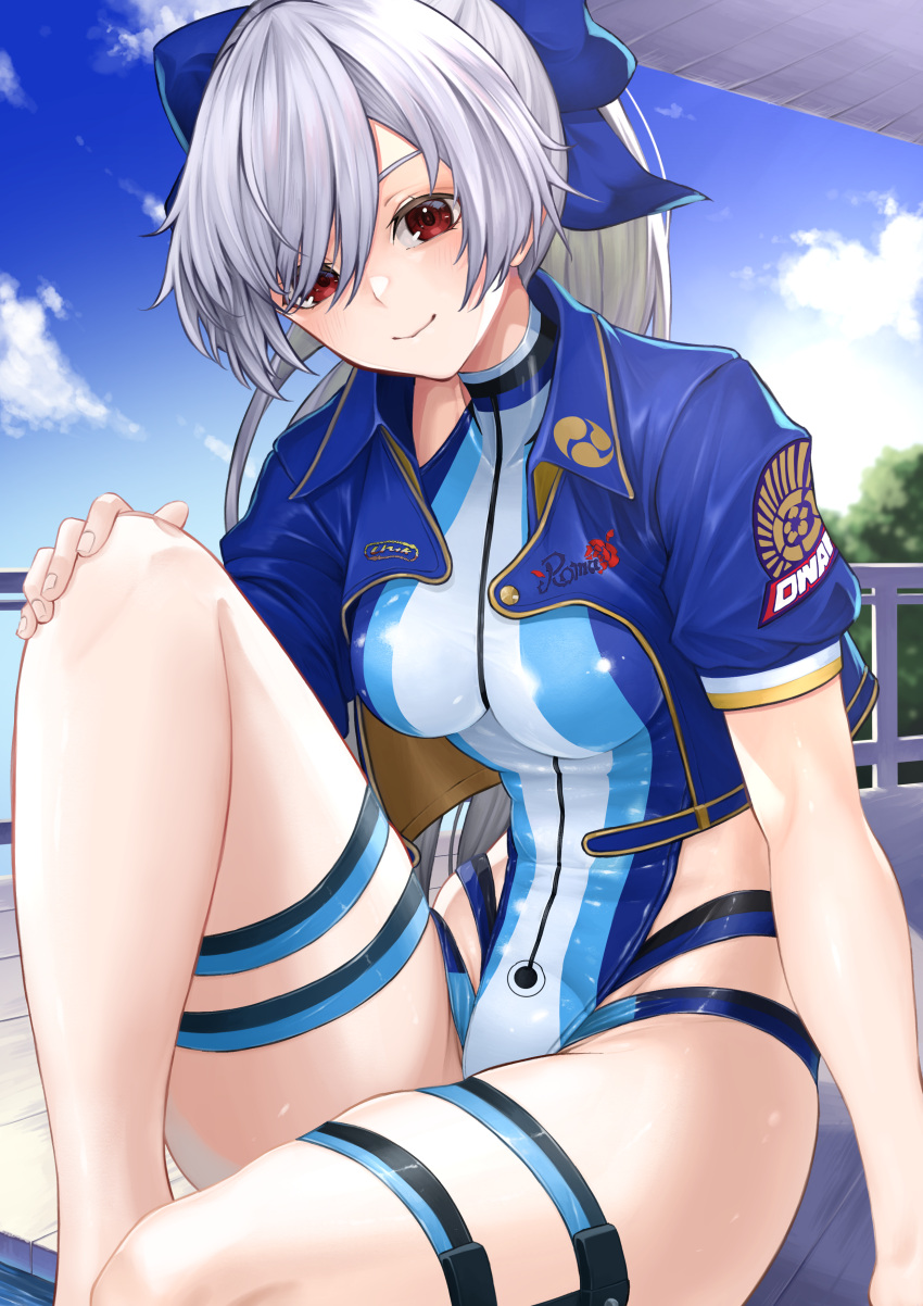 1girl, absurdres, bangs, blue_bow, blue_jacket, blue_sky, blue_swimsuit, blush