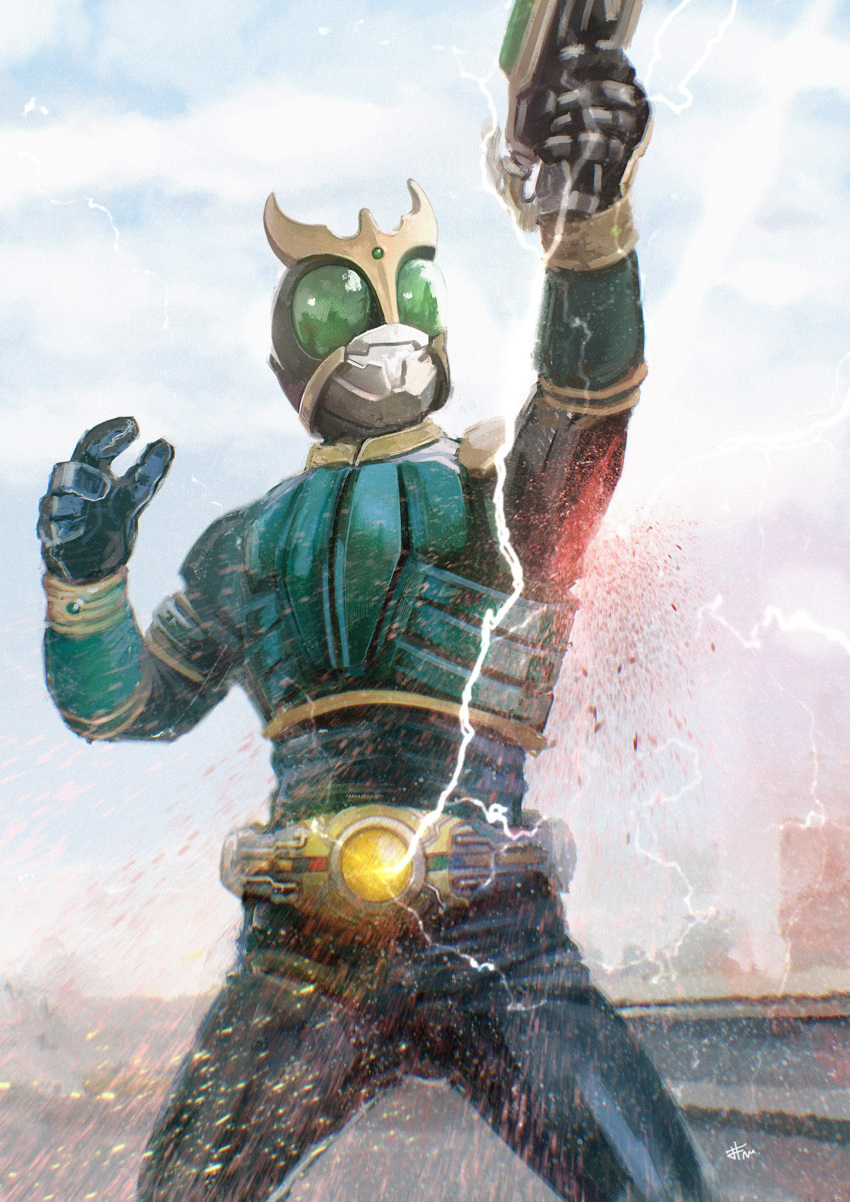 1boy, black_gloves, clouds, electricity, gloves, green_eyes, gun, highres