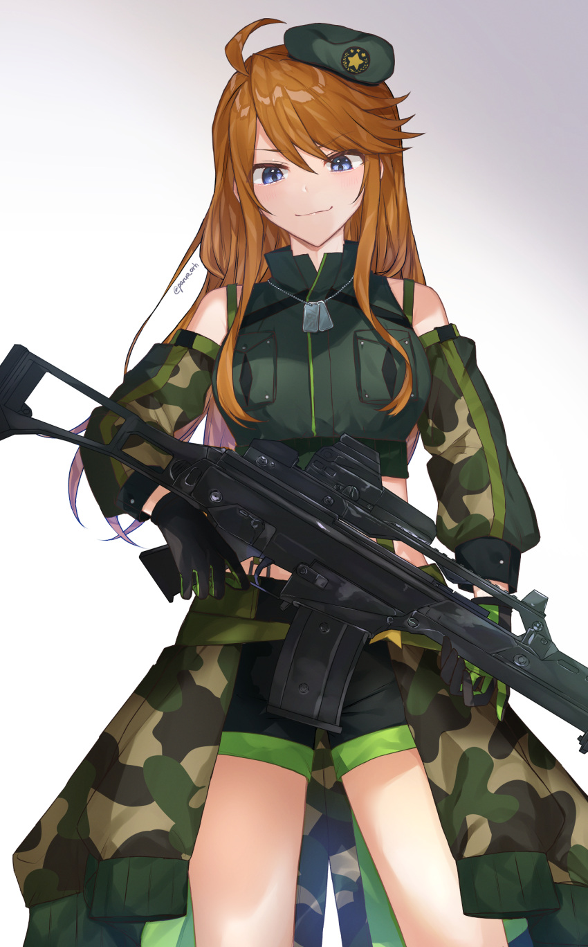 1girl, assault_rifle, beret, blue_eyes, brown_hair, camouflage, closed_mouth, cowboy_shot, detached_sleeves, dog_tags, eyebrows_visible_through_hair, gazelle-barn, gun, h&amp;k_g36, h&amp;k_g36c, hat, highres, idolmaster, idolmaster_million_live!, idolmaster_million_live!_theater_days, long_hair, military, military_uniform, rifle, shorts, solo, thighs, tokoro_megumi, trigger_discipline, twitter_username, uniform, weapon, white_background