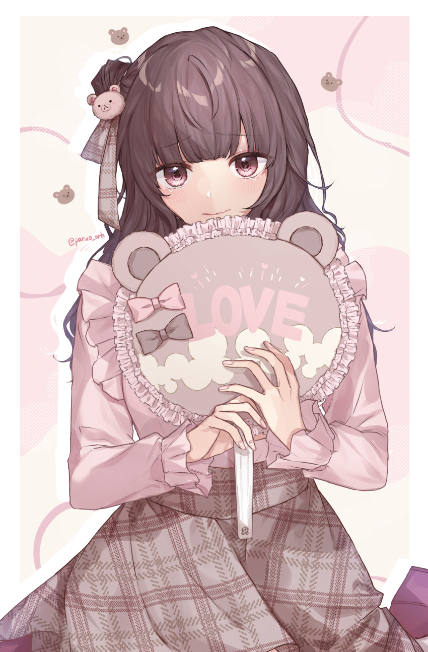 1girl, animal_ears, animal_print, bangs, bear_ears, bear_hair_ornament, bear_print, black_hair, blush, english_text, eyebrows_visible_through_hair, fan, gazelle-barn, hair_ornament, hair_ribbon, highres, holding, holding_fan, long_hair, long_sleeves, looking_at_viewer, original, paper_fan, pink_eyes, ribbon, skirt, tears, uchiwa