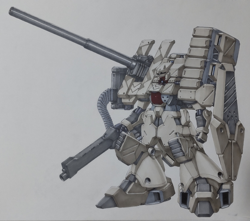 blue_eyes, clenched_hand, dom, eclogue.566, fusion, gun, gundam, gundam_msv, highres, holding, holding_gun, holding_weapon, mecha, mobile_suit, mobile_suit_gundam, no_humans, pink_eyes, science_fiction, shield, shoulder_cannon, solo, traditional_media, weapon, white_background, xamel, zeon
