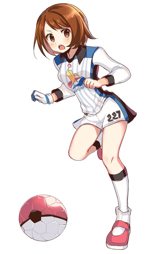 1girl, ball, bangs, blush, bob_cut, breasts, brown_eyes, brown_hair