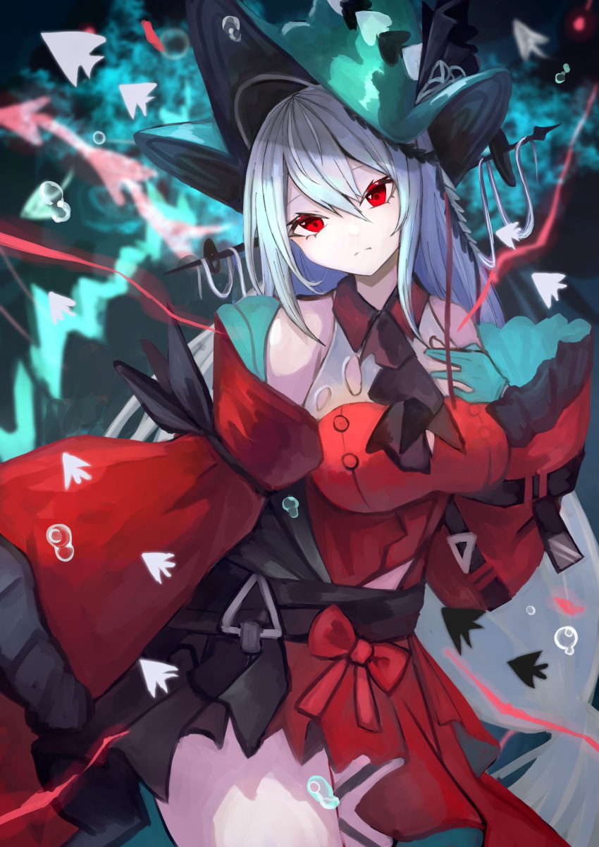 1girl, absurdres, air_bubble, aqua_gloves, aqua_headwear, arknights, bangs, black_ribbon