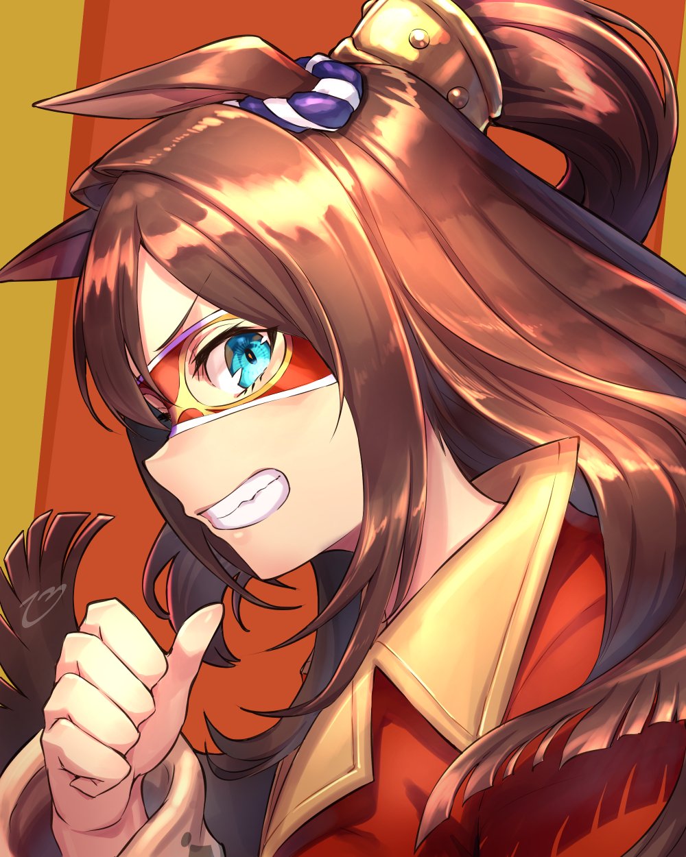 1girl, animal_ears, bangs, blue_eyes, brown_hair, commentary_request, domino_mask, el_condor_pasa_(umamusume), grin, highres, horse_ears, long_hair, mask, orange_background, ozu_(zii), pointing, pointing_at_self, ponytail, smile, solo, thumb_to_mouth, two-tone_background, umamusume, yellow_background