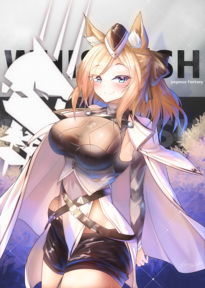 1girl, animal_ear_fluff, animal_ears, arknights, bangs, black_headwear, black_shorts, black_sweater, blonde_hair, blue_eyes, breasts, cape, character_name, closed_mouth, cowboy_shot, eyebrows_visible_through_hair, fang, grey_background, hair_between_eyes, hat, highres, horse_ears, horse_girl, kingdom_of_kazimierz_logo, large_breasts, long_hair, mini_hat, ntk_nartaku, shorts, smile, solo, sweater, thighs, whislash_(arknights), white_cape