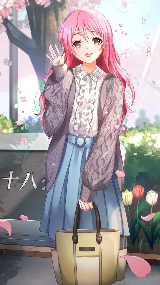 1girl, :d, bag, bangs, blue_skirt, cardigan, cherry_blossoms, collared_shirt, day, doukyuusei_2, doukyuusei_another_world, dress_shirt, eyebrows_visible_through_hair, flower, game_cg, grey_cardigan, hair_between_eyes, hair_down, holding, holding_bag, katou_minori, long_hair, long_sleeves, medium_skirt, no_eyewear, official_art, open_cardigan, open_clothes, open_mouth, outdoors, pink_hair, pleated_skirt, red_eyes, red_flower, shiny, shiny_hair, shirt, skirt, sleeves_past_wrists, smile, solo, standing, straight_hair, tulip, very_long_hair, white_flower, white_shirt, wing_collar, yellow_flower