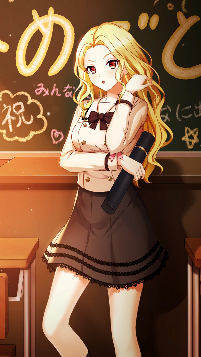 1girl, black_neckwear, blonde_hair, blush, chalkboard, classroom, desk, doukyuusei_another_world, game_cg, grey_skirt, hair_intakes, holding, indoors, kakyuusei, long_hair, long_sleeves, miniskirt, official_art, open_mouth, pleated_skirt, red_eyes, shindou_reiko, shiny, shiny_hair, shirt, skirt, solo, standing, very_long_hair, white_shirt