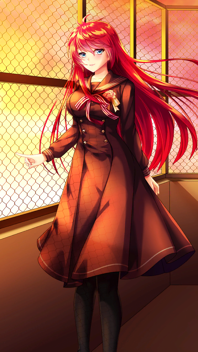 1girl, bangs, black_dress, black_legwear, blue_eyes, blush, brown_dress, brown_sailor_collar, closed_mouth, collarbone, doukyuusei_2, doukyuusei_another_world, dress, dusk, eyebrows_visible_through_hair, floating_hair, game_cg, hair_between_eyes, long_dress, long_hair, long_sleeves, looking_at_viewer, minamikawa_youko, neck_ribbon, official_art, orange_sky, outdoors, redhead, ribbon, rooftop, sailor_collar, sailor_dress, shiny, shiny_hair, sky, smile, solo, standing, striped, striped_ribbon, very_long_hair