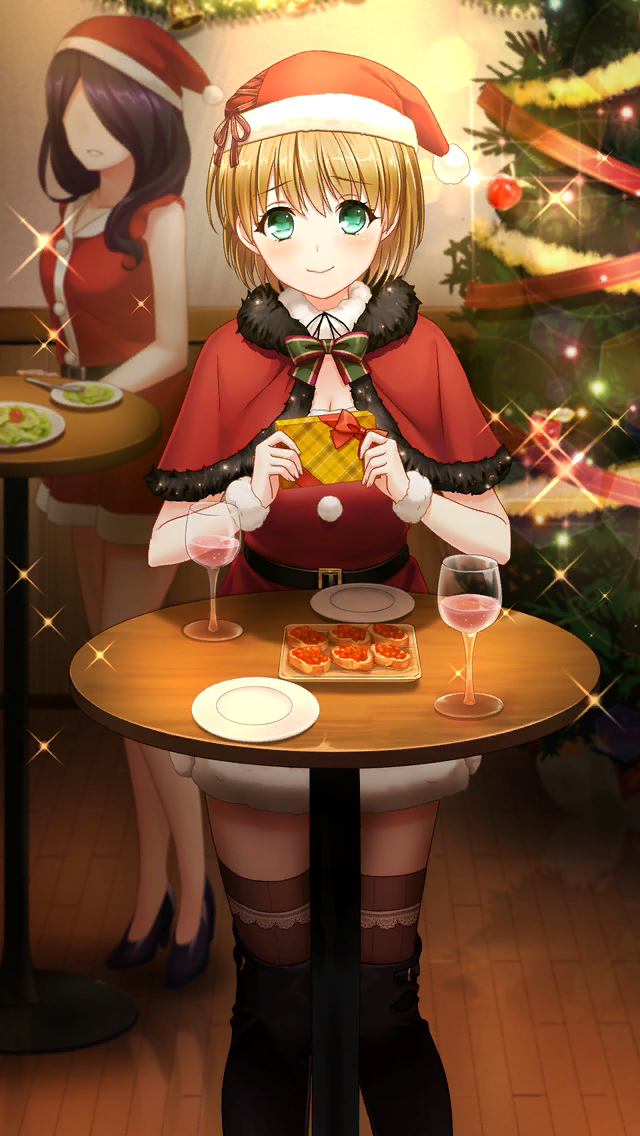 2girls, bangs, black_legwear, blonde_hair, blush, box, capelet, christmas_tree