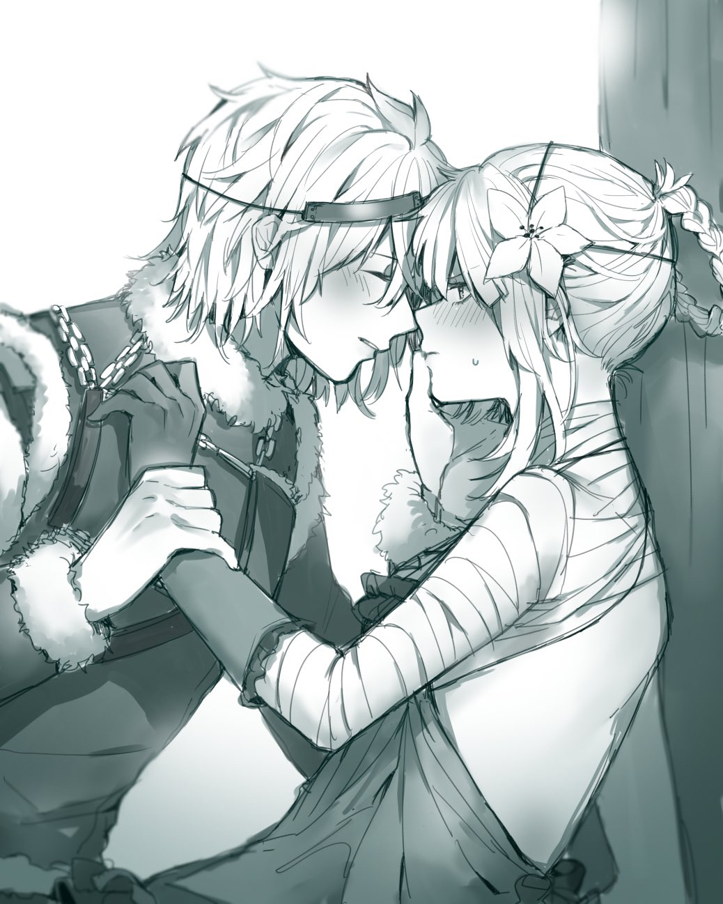 1boy, 1girl, bandaged_arm, bandages, blush, braid, from_side, funa2001