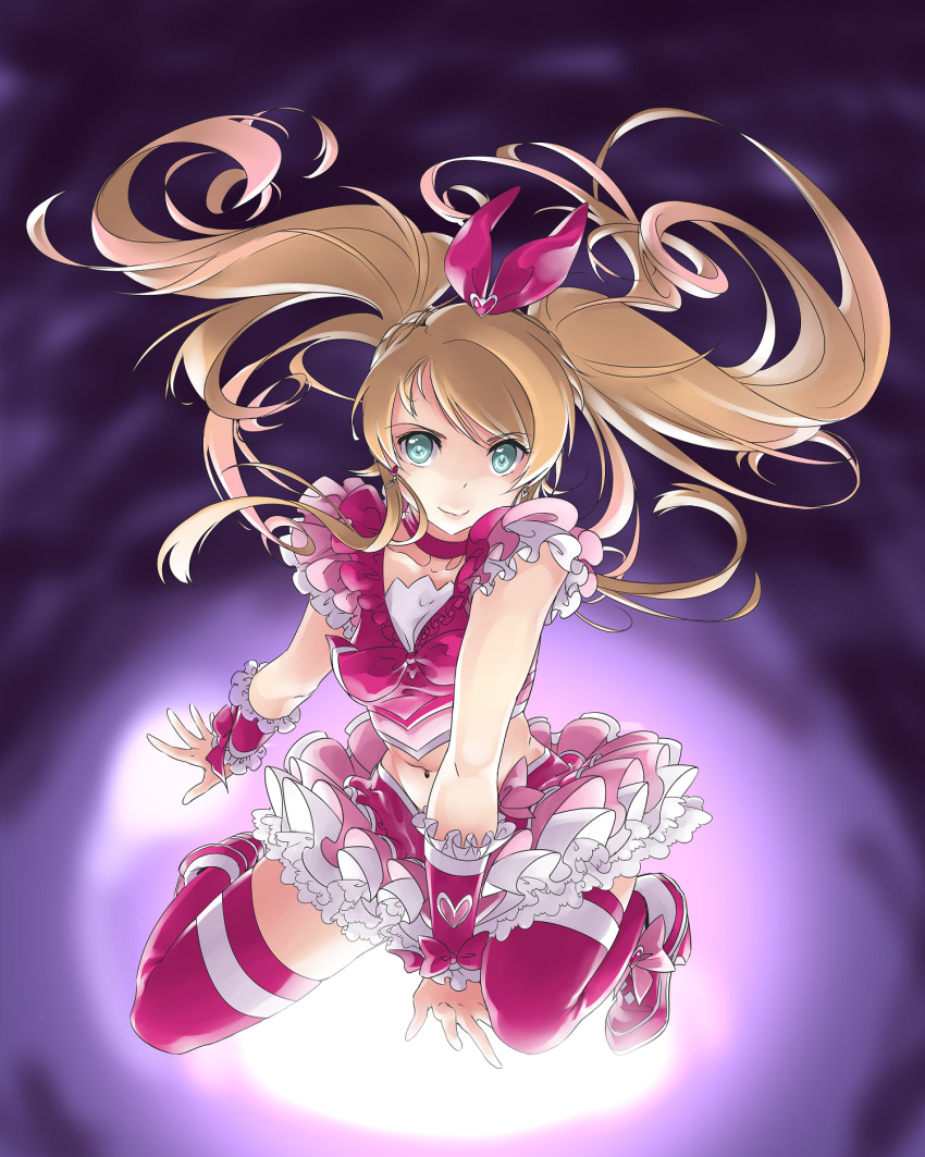 ankle_boots, boots, cosplay, cure_melody, cure_melody_(cosplay), head_ribbon, high_heels, highres, kousaka_kirino, looking_at_viewer, mai_(artist), midriff, navel, ore_no_imouto_ga_konna_ni_kawaii_wake_ga_nai, pink_legwear, precure, ribbon, skirt, thigh-highs, twintails, wrist_cuffs
