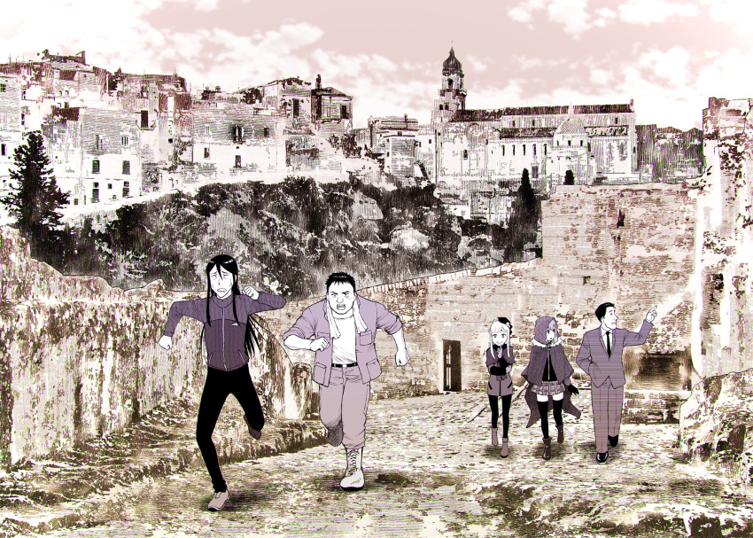 2girls, 3boys, cape, cloak, closed_mouth, crossover, fate_(series), fur_trim