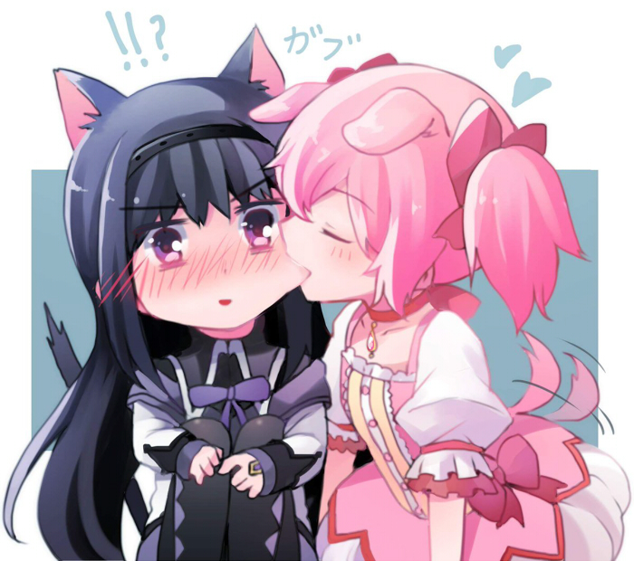 !?, 2girls, :o, akemi_homura, animal_ears, arms_up, bangs, biting, black_hair, black_hairband, black_legwear, black_shirt, blue_background, blush, border, bow, bowtie, cat_ears, cat_tail, cheek_biting, choker, christy_mii, closed_eyes, coat, collar, collared_coat, collared_shirt, dog_ears, dog_girl, dog_tail, dress, dress_shirt, eyebrows_visible_through_hair, frilled_dress, frilled_skirt, frilled_sleeves, frills, hair_between_eyes, hairband, head_tilt, heart, kaname_madoka, knees_up, legs_up, long_hair, long_sleeves, magical_girl, mahou_shoujo_madoka_magica, multiple_girls, open_mouth, pantyhose, pink_dress, pink_hair, pink_tail, puffy_sleeves, purple_bow, purple_collar, purple_neckwear, purple_skirt, red_choker, shirt, short_hair, short_sleeves, short_twintails, simple_background, skirt, tail, tail_wagging, teeth, twintails, two_side_up, v_arms, violet_eyes, white_border, white_coat, white_sleeves, yuri