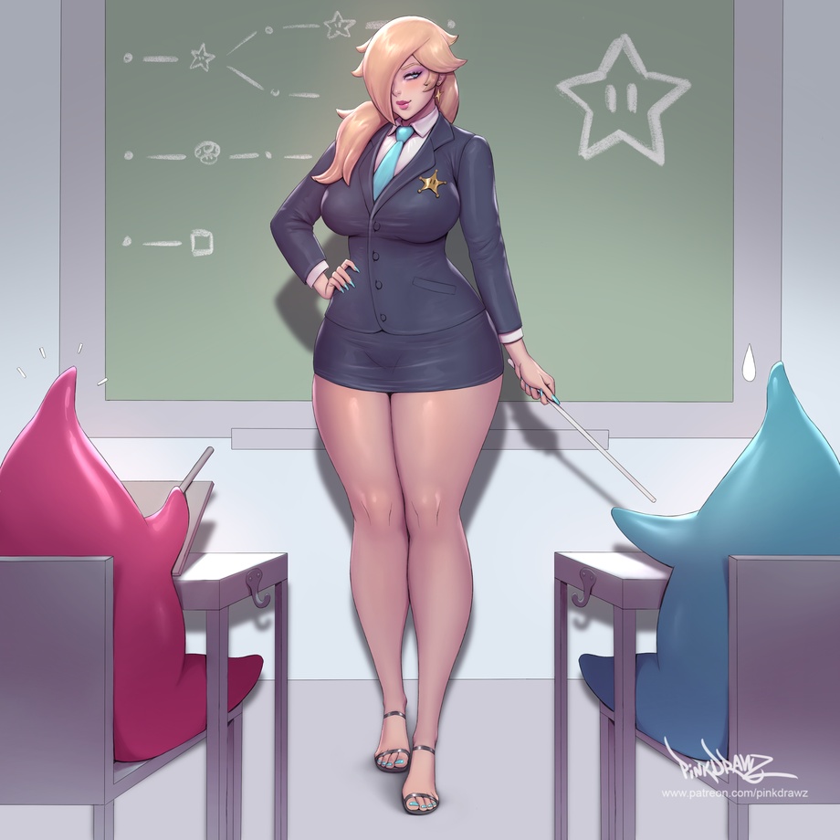 1girl, badge, bangs, blazer, blonde_hair, blue-blazer, blue_eyes, blue_nails, blue_neckwear, blue_skirt, breasts, chalkboard, closed_mouth, collared_shirt, curvy, desk, feet, hair_over_shoulder, hand_on_hip, high_heels, jacket, long_hair, super_mario_bros., miniskirt, nail_polish, pinkdrawz, plump, pointer, rosalina, school_desk, shirt, skirt, standing, teacher, thick_thighs, thighs, white_shirt