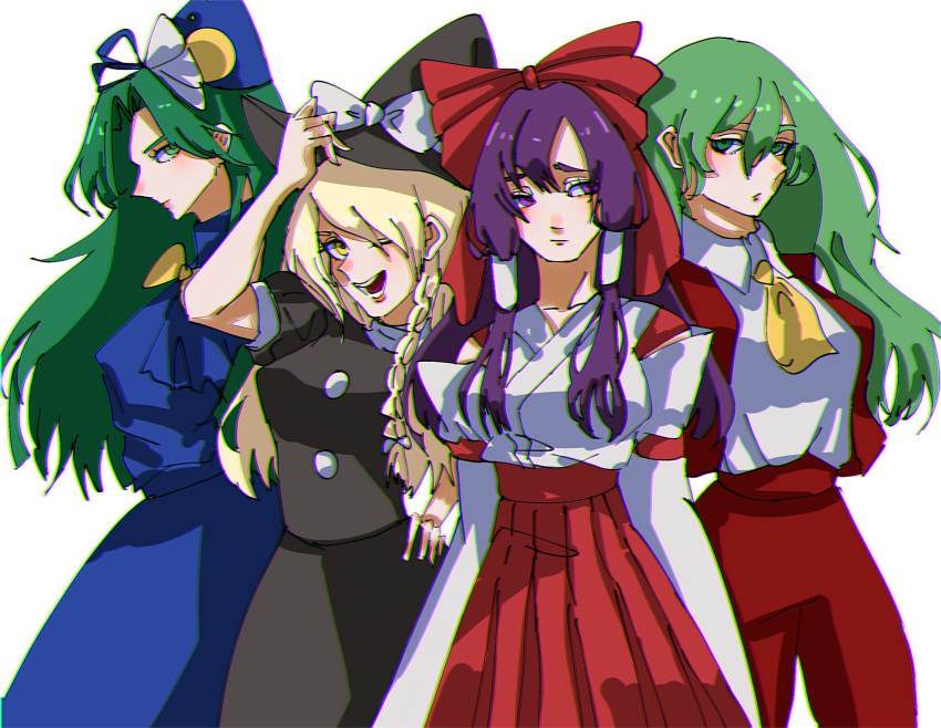 4girls, apron, ascot, black_dress, blonde_hair, blue_dress, bow, braid, broom, buttons, detached_sleeves, dress, green_eyes, green_hair, hair_bow, hair_tubes, hakama, hakama_skirt, hakurei_reimu, hakurei_reimu_(pc-98), hat, hat_bow, hat_iue, highres, holding, holding_clothes, holding_hat, japanese_clothes, kazami_yuuka, kazami_yuuka_(pc-98), kimono, kirisame_marisa, long_hair, miko, mima_(touhou), multiple_girls, pants, plaid, plaid_pants, plaid_vest, purple_hair, red_bow, red_hakama, ribbon-trimmed_sleeves, ribbon_trim, shirt, side_braid, single_braid, sun_print, touhou, touhou_(pc-98), turtleneck, vest, violet_eyes, waist_apron, white_bow, white_kimono, white_shirt, wide_sleeves, witch_hat, wizard_hat, yellow_eyes, yellow_neckwear
