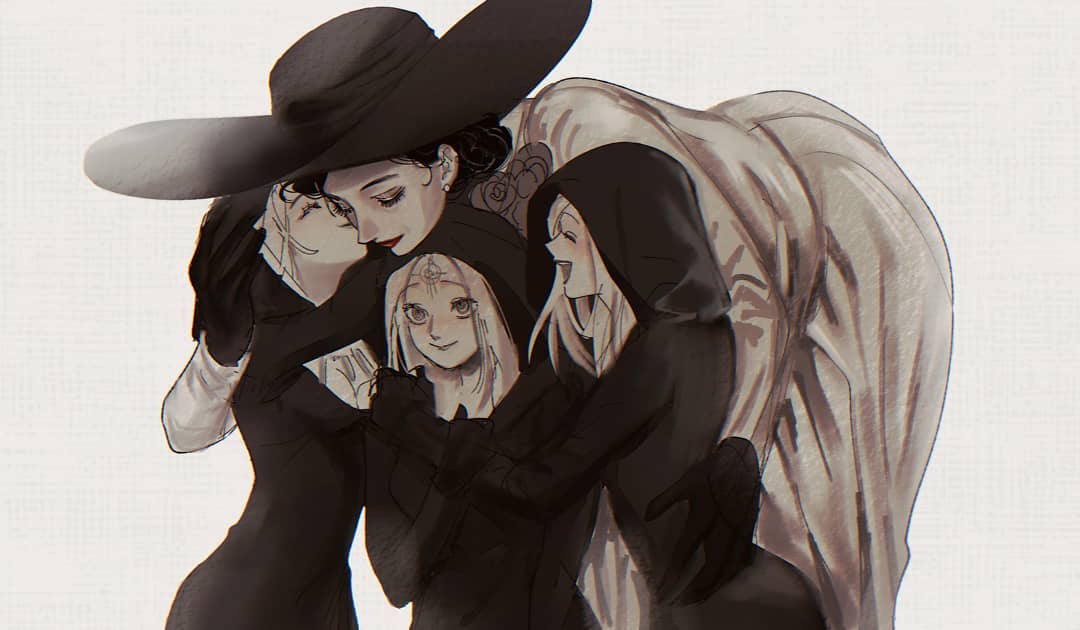 4girls, ^_^, ^o^, alcina_dimitrescu, bela_dimitrescu, cassandra_dimitrescu, cheek_kiss, closed_eyes, daniela_dimitrescu, dress, earrings, hat, hjoe8, hood, hood_up, hug, jewelry, kiss, mother_and_daughter, multiple_girls, resident_evil, resident_evil_village, siblings, sisters, smile