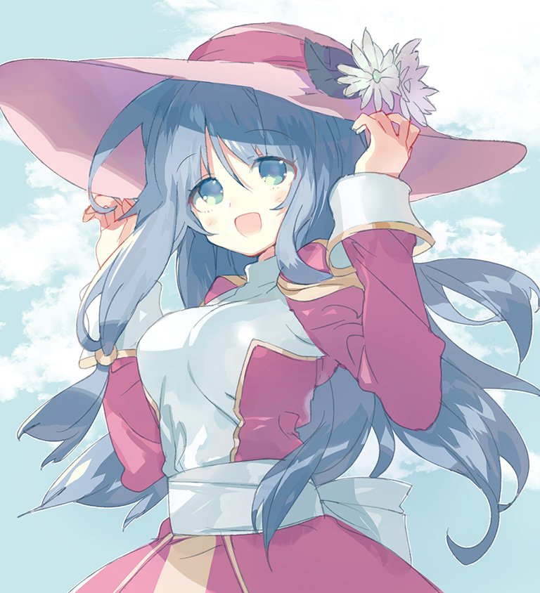 1girl, arutopian, bangs, black_hair, blush, bow, breasts, commentary_request, cowboy_shot, dress, eyebrows_visible_through_hair, flower, green_eyes, hair_between_eyes, hat, hat_flower, high_priest_(ragnarok_online), juliet_sleeves, long_hair, long_sleeves, looking_afar, medium_breasts, open_mouth, pink_headwear, puffy_sleeves, ragnarok_online, red_dress, sash, solo, sun_hat, two-tone_dress, white_bow, white_dress, white_flower, white_sash
