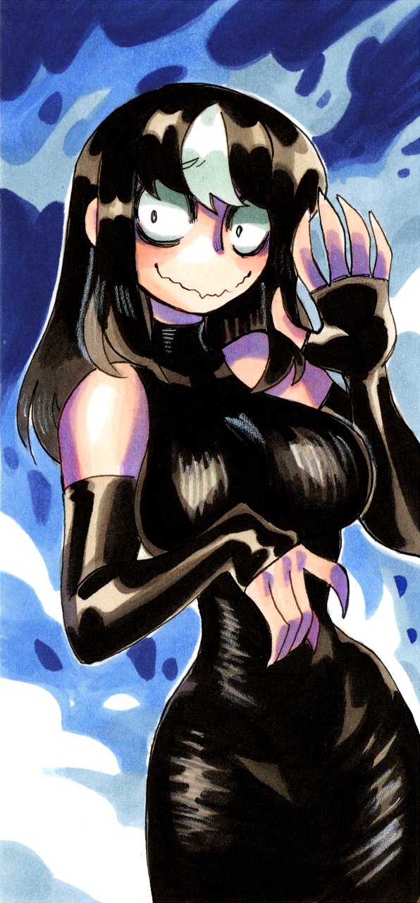 1girl, black_dress, black_hair, blue_background, borrowed_character, breasts, clouds, cloudy_sky