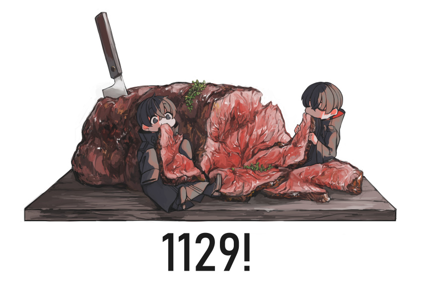 2boys, :t, absurdres, ahoge, bangs, beef, black_coat, black_eyes