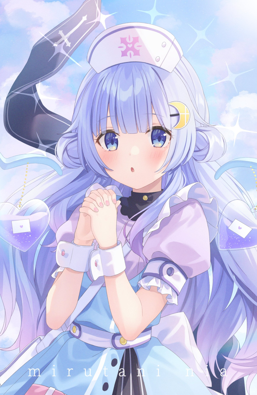 1girl, absurdres, blue_dress, blue_eyes, blue_hair, clouds, cloudy_sky, crescent