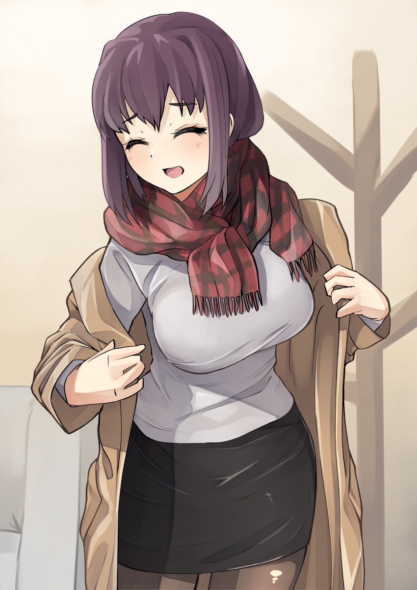 1girl, bangs, black_legwear, black_skirt, breasts, brown_coat, brown_eyes, brown_hair