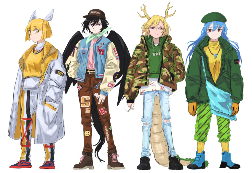 4girls, adapted_costume, alternate_costume, aqua_neckwear, bag, belt, beret, bird_wings