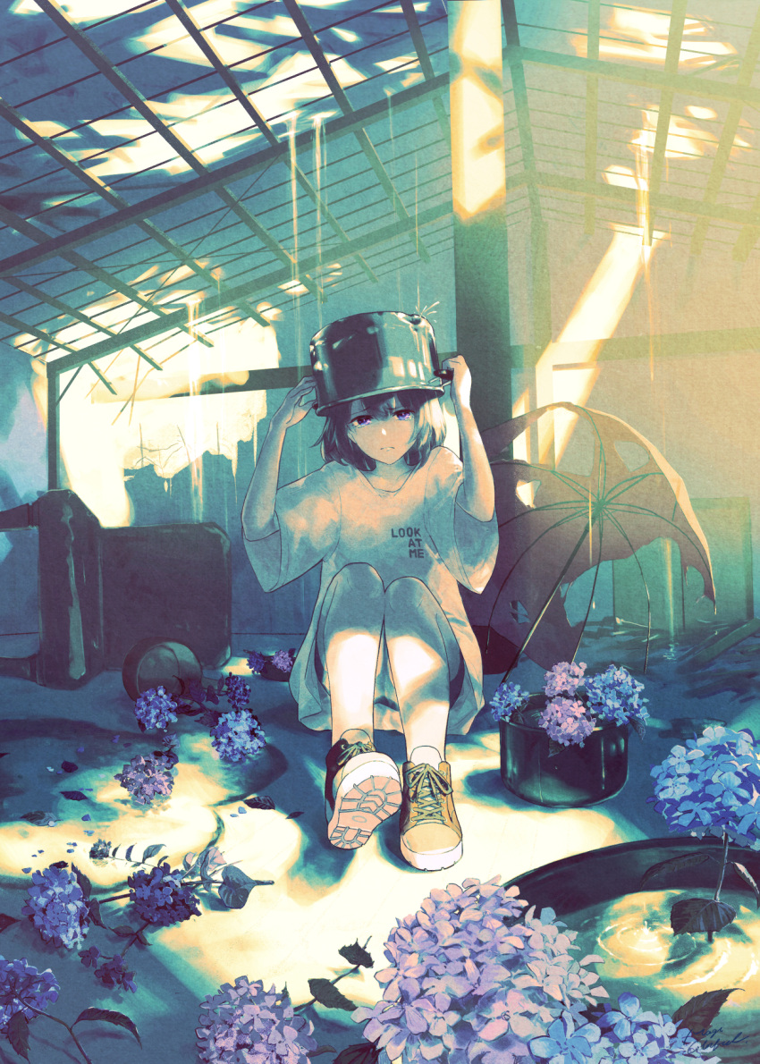 1girl, black_hair, blue_shorts, broken_umbrella, brown_footwear, chair, closed_mouth, clothes_writing