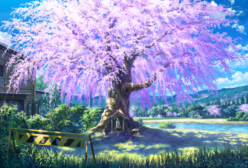 blue_sky, cherry_blossoms, clouds, commentary_request, crate, day, grass, hedge_(plant)