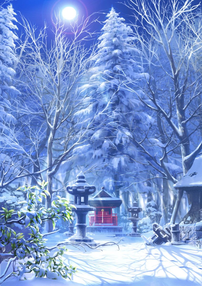 bare_tree, blue_sky, building, commentary_request, day, footprints, highres, hokora_(shrine)