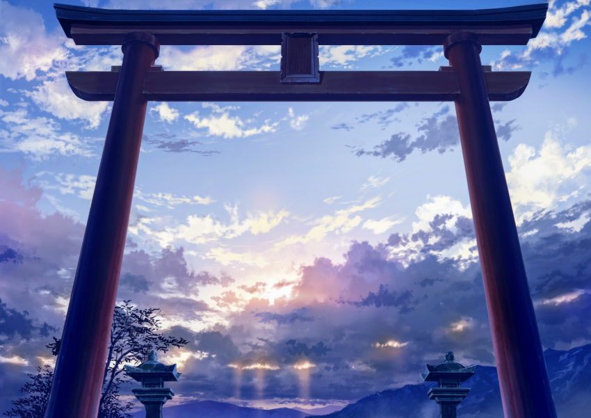 blue_sky, blue_theme, clouds, cloudy_sky, commentary_request, dappled_sunlight, highres, mikannokawa7008