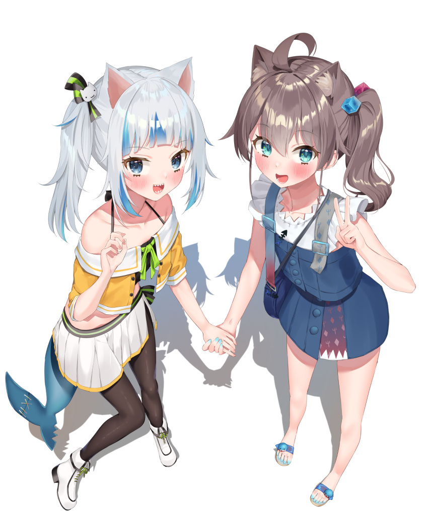 2girls, :d, ahoge, animal_ear_fluff, animal_ears, bangs, bare_shoulders, black_camisole