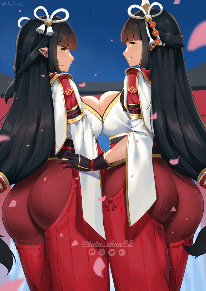 2girls, absurdres, ass, black_hair, blush, breast_press, breasts, highres